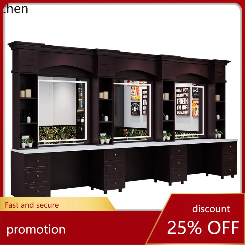 HT retro barber shop mirror table barber shop hair cutting solid wood mirror with lamp for men's hair salon