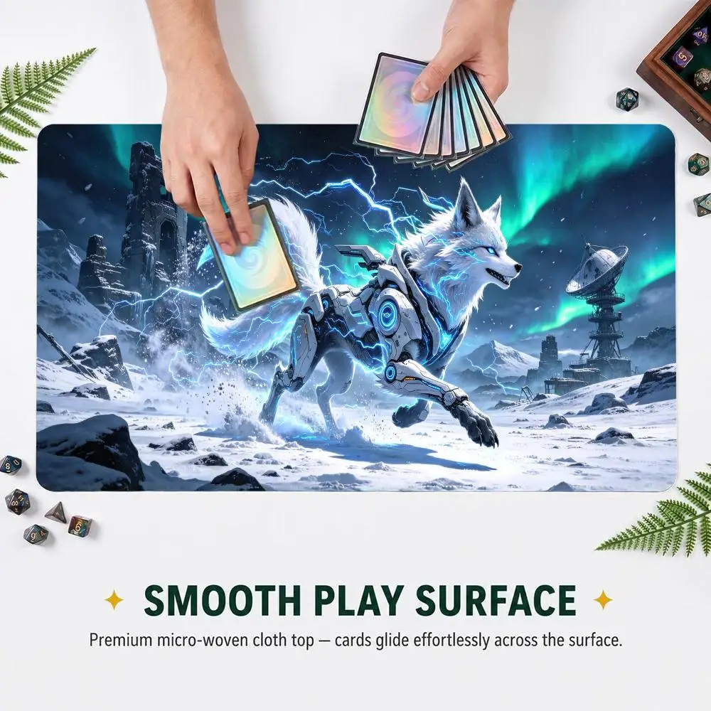 Fantasy Sci-fi Mecha Wolf Aurora Snow Scene Playmat Non Slip Rubber Table Mat for Tabletop RPG Card Game Large Mouse pad