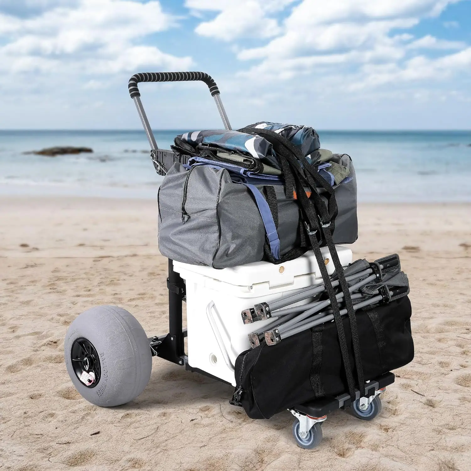 Foldable Steel Beach Cart with 12 - inch Balloon Wheels, All - Terrain for Sand, Fishing