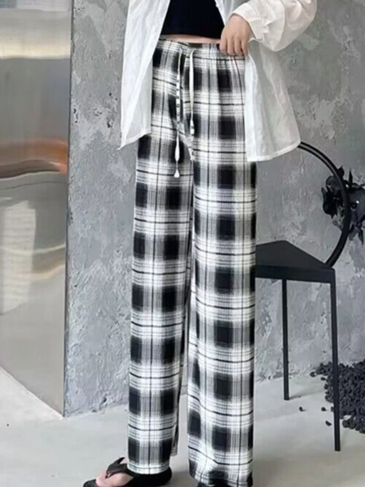 التعادل صبغ سليم بنطال ذو قصة أرجل واسعة المرأة الصيف رقيقة الحرير الجليد ثنى فضفاض عادية مستقيم الساق بنطلون العصرية عالية الخصر تسعة قطع