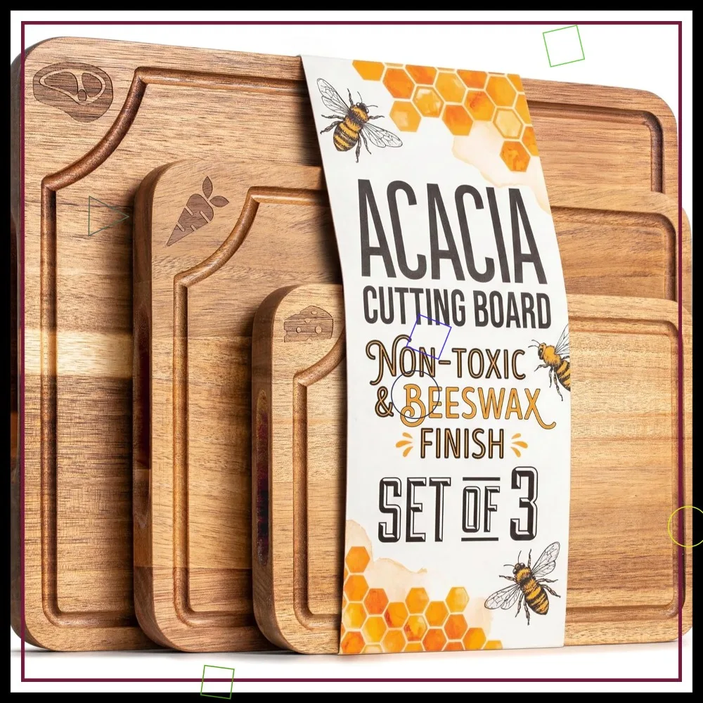 

Set of 3 Acacia Wood Cutting Boards with Beeswax Finish, Juice Groove, Non-Slip Feet - Mineral Oil Free & Non-Toxic