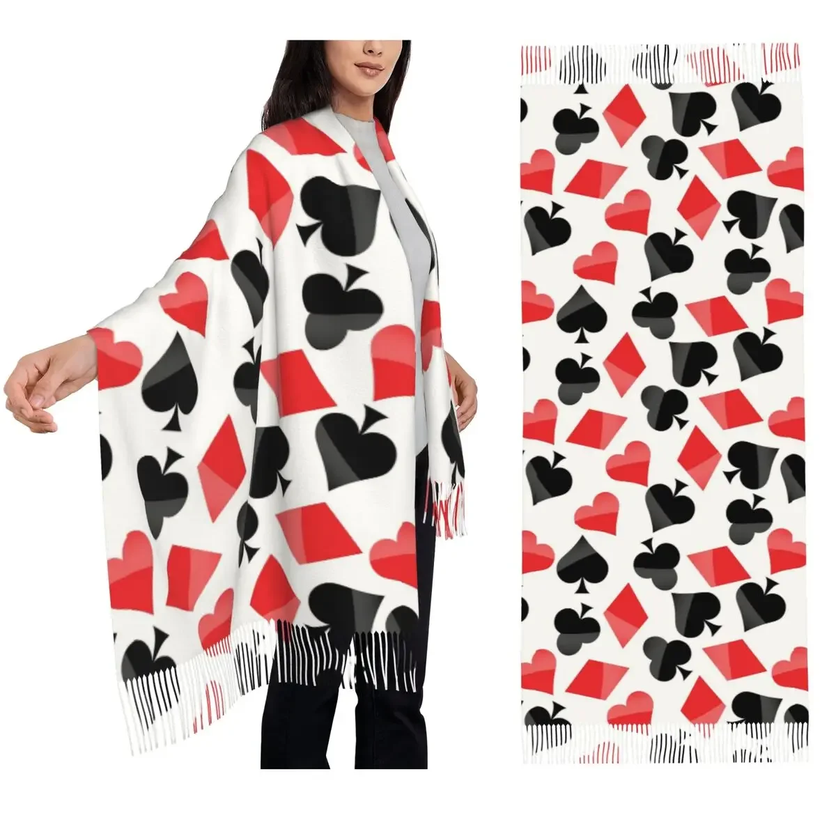 

Шарф с символами игральных карт, шарфы с кисточками для женщин, мягкие теплые шали и накидки, большая осенне-зимняя шаль