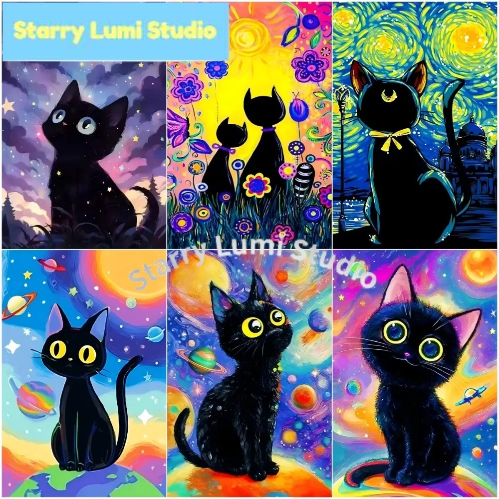 1PCS DIY Whimsical Black Cat in Cosmic Starry Sky Diamond Painting Kit, Floral and Van Gogh-Inspired Pattern, Wall Decor Gift