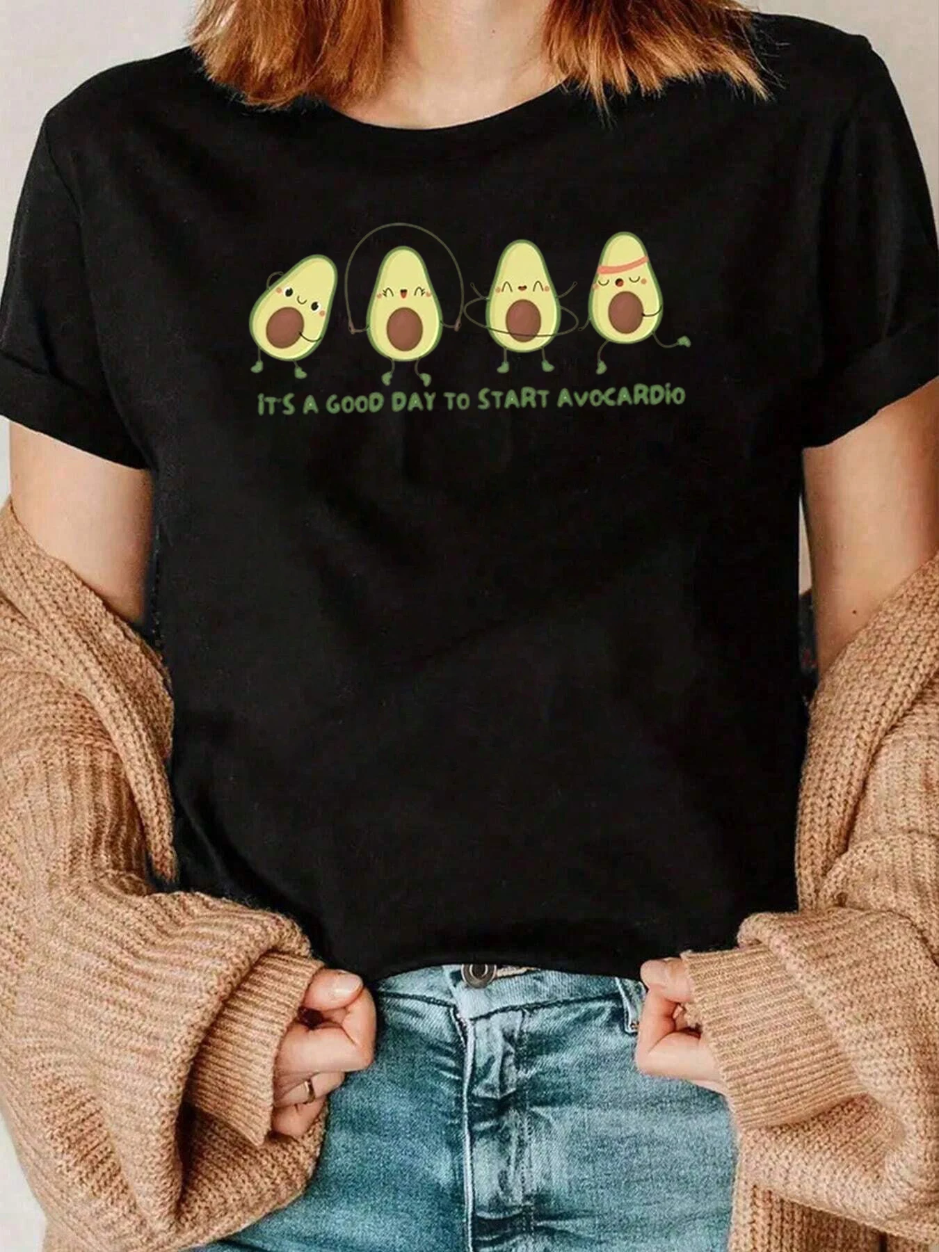 

Avocado Cartoon Print T Shirt Casual Wear For Women 220g