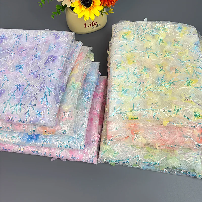 90x130cm Farbverlauf Schmetterling Pailletten Tüllstoff 3D Bestickter Netzstoff Hintergrund Party Deko Material Bühnenkostüme Ethnische Kleidung – Detail 7