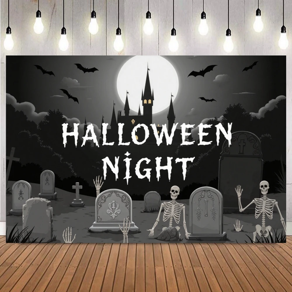 Medieval Halloween Photography Background Gothic Tombstone Skeleton Bat Castle Forest Spider Web Adult Kids Party Photo Backdrop