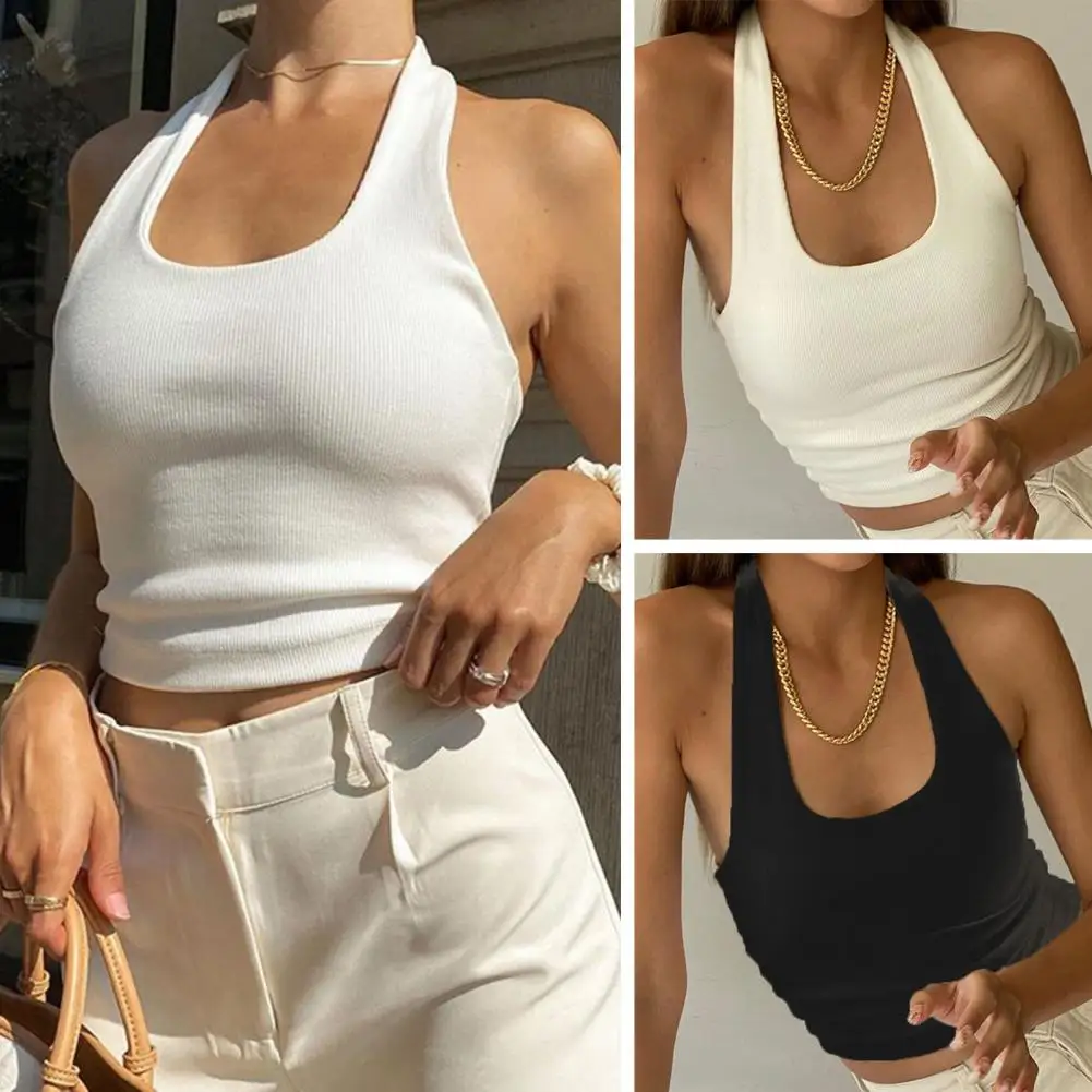 White Halter Slim Fit Sexy Backless Tank Tops For Women Streetwear Sleeveless Ribbed Knit Vest Top Cropped Female For Sport Yoga