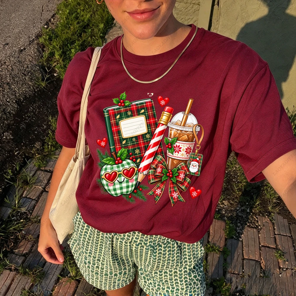 Christmas Teacher Plaid Apple Coffee Pencil Print Women School Xmas Holiday Short Sleeve Cute Educator Festive Shirt Y2k Top