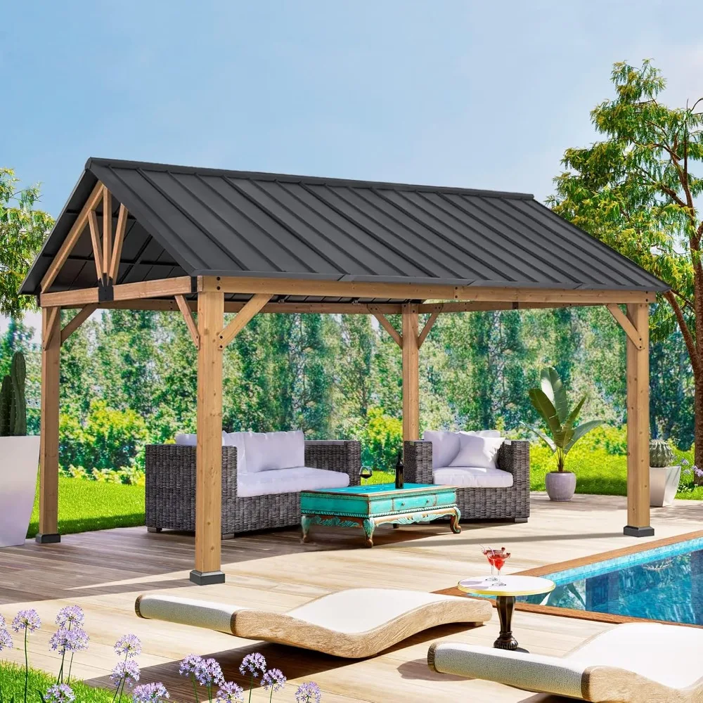 

11x13 Hardtop Gazebo with Cedar Wood Frame, Galvanized Steel Gable Roof Outdoor Pavilion for Garden, Lawn, Poolside, Patio