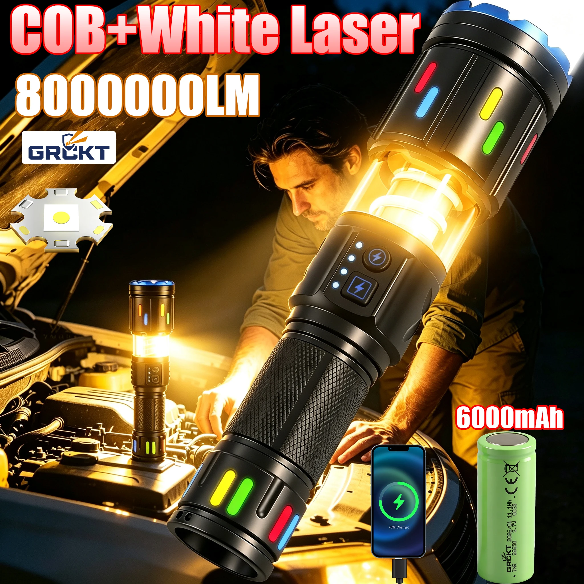 Super Bright COB LED Flashlight USB Rechargeable Torch With Side Light 26650 Battery Zoomable Flash Light  for Emergency Outdoor