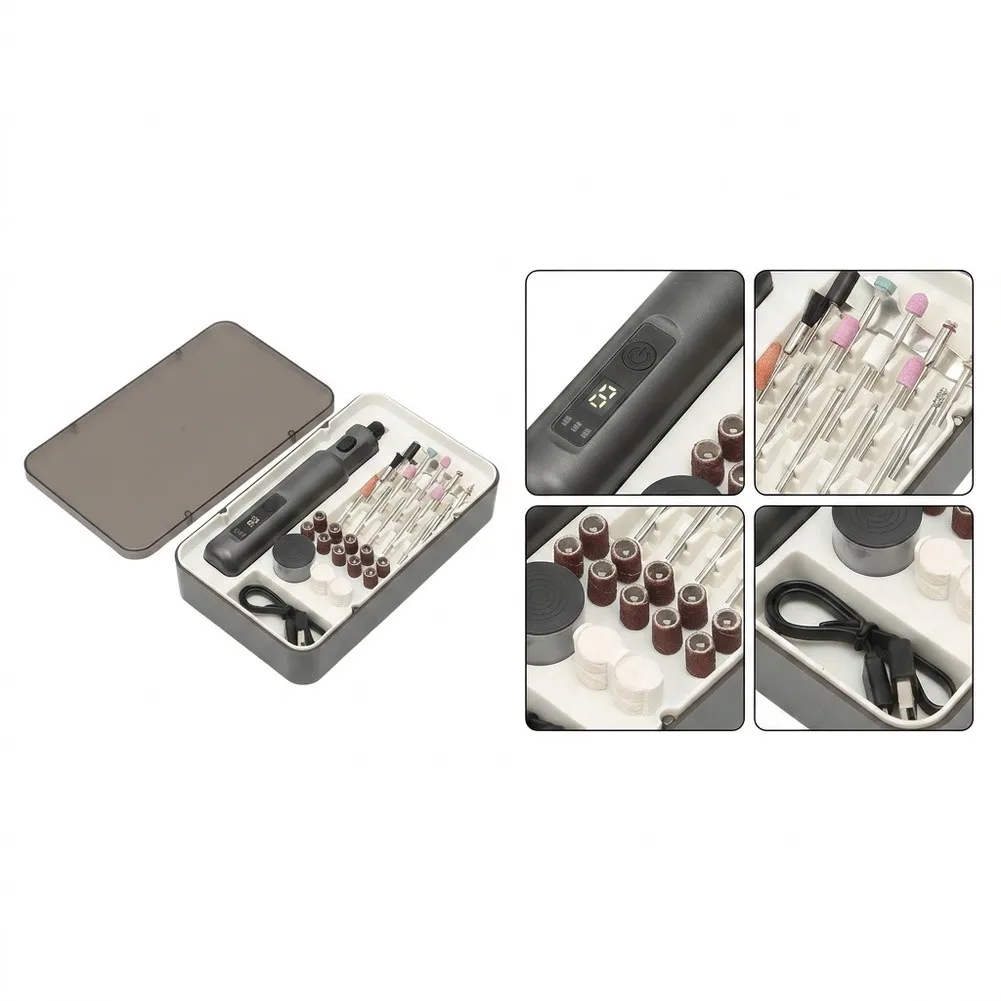 Portable Cordless Electric Sander with LED Display for Nail Art Manicure Grinder Kit with USB Charging and 12 Buffing Heads
