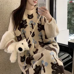 Plus size cartoon cat jacquard sweater vest skirt women's autumn and winter new slim and lovely age-reducing knitted dress
