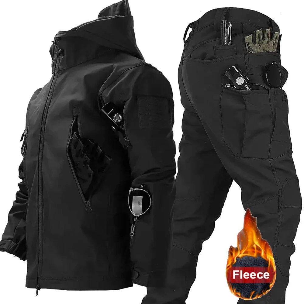 2pc Set for Men Work Pant Sets Tactical Military Training Track Suits Winter Biker Jacket Waterproof Tech Fleece Outwear Pockets