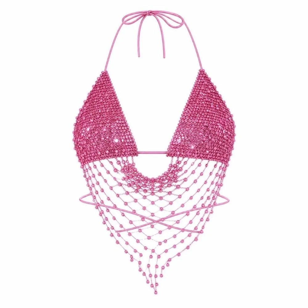Sexy Y2K Fishnet Tank Top Rhinestone Decor Hollow Out Body Chain Fishnet Mesh Texture See Through Camisole