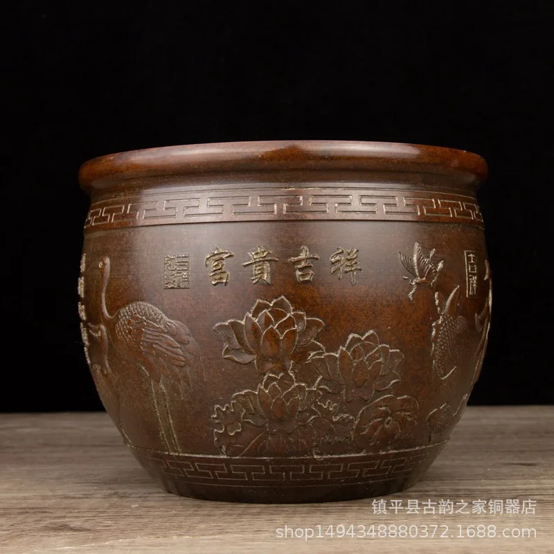Pure Brass Wealth Auspiciousness Crane and Golden Toad Copper Jar Treasure Bowl Ornament for Office Living Room Shop Desktop