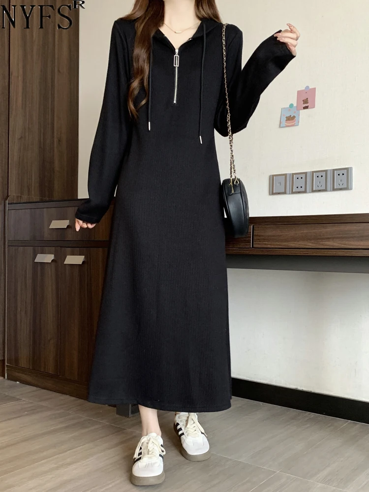 NYFS 2023 Autumn Winter New Womens Dresses Vestidos Robe Elbise Loose Plus Size Cashmere Fat MM Hooded Long Dress L-4XL Size