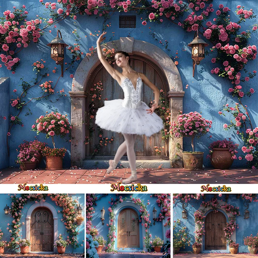 

Mocsicka Sweet Flowers Girl Birthday Background Blue House Street Wooden Door Backdrop Decor Garden Pink Arch Floral Wall Booth