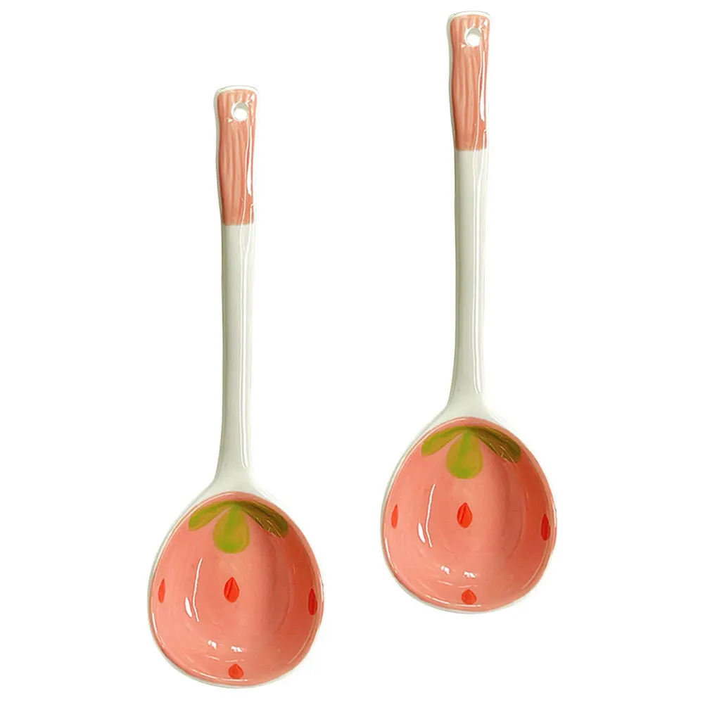 

2Pcs Strawberry Ceramic Dessert Spoon Set Polished Smooth Household Food Spoon Compact for Coffee Tea Cake Small Dessert Spoons