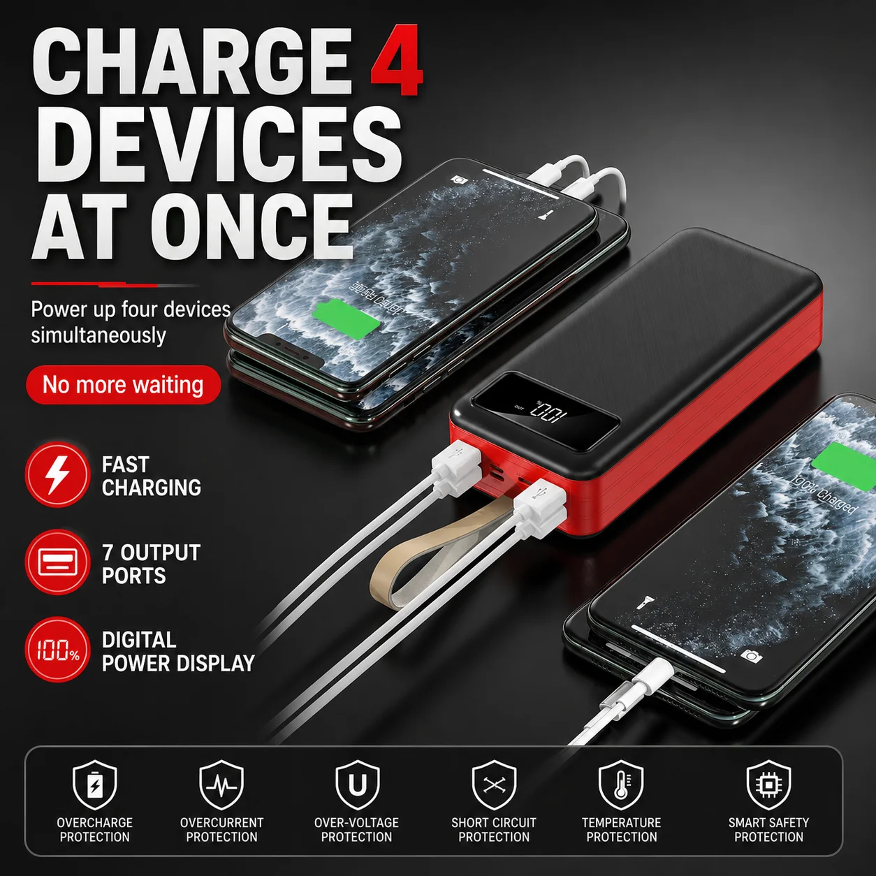 50000mAh Power Bank Built-in Cables Fast Charging Portable Charger External Battery for iPhone Samsung Xiaomi Android