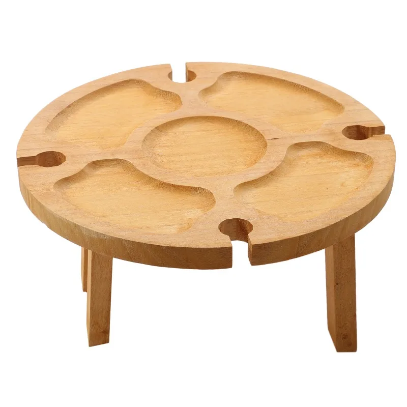 1Pc Wooden Round Foldable Tables Dried Fruit Tray With Wine Glass Holder For Outdoor Picnic Garden Party Fruit Snack Pastry Tray image 5