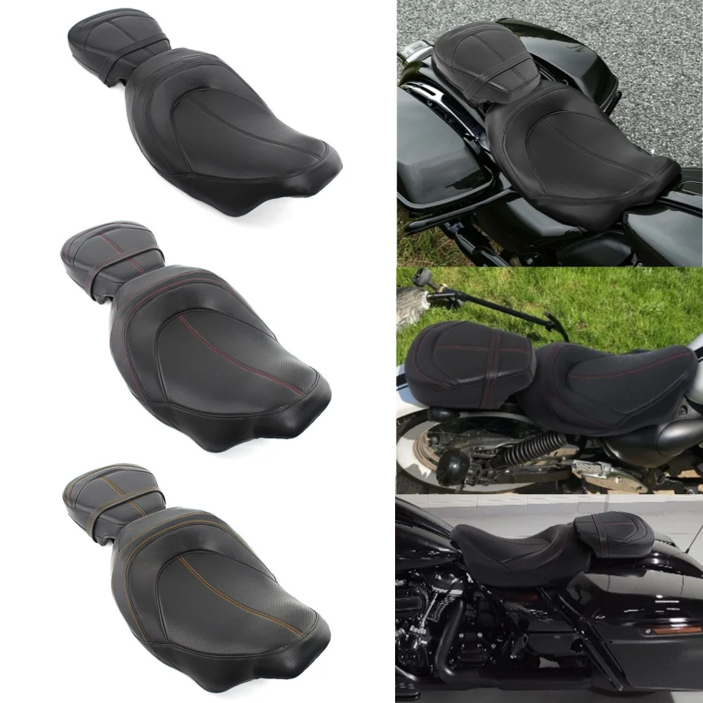 Motorcycle 2 Pieces Driver Passenger Two-Up Low Profile PU Leather Seat For Harley Touring CVO Street Electra Glide Road King