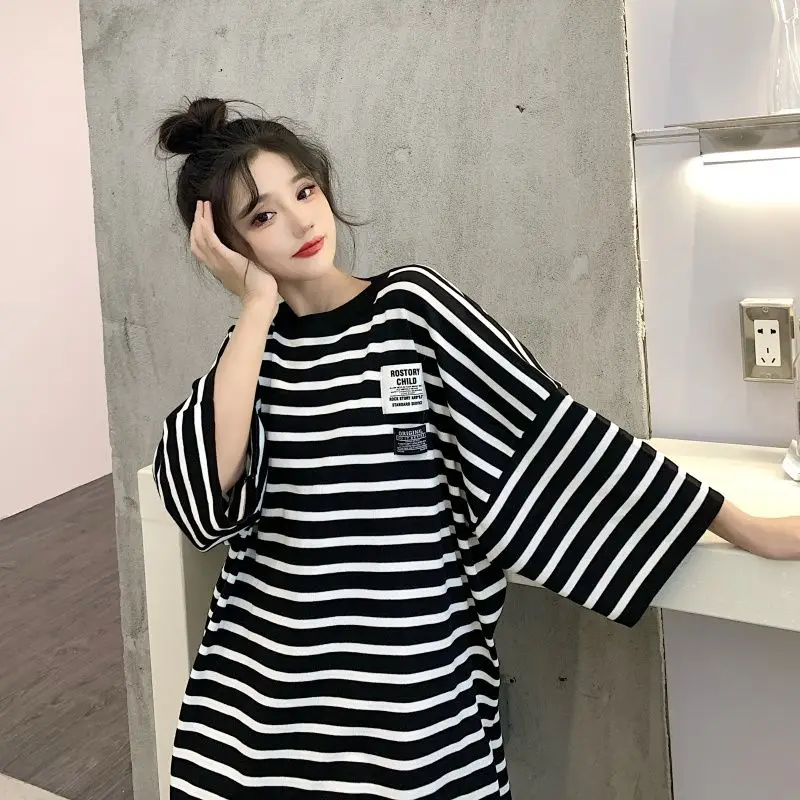 Striped Plus Size Casual SimplicityT Shirt Summer Fashion Korean Short Sleeve O-Neck Medium and Long T-shirt Skirts Streetwear