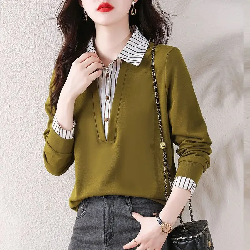 

Spring Autumn Polo-neck Vintage Striped Patchwork Pullover Blouse Female Fake Two Pieces Loose Casual Tee Top Women's Clothing