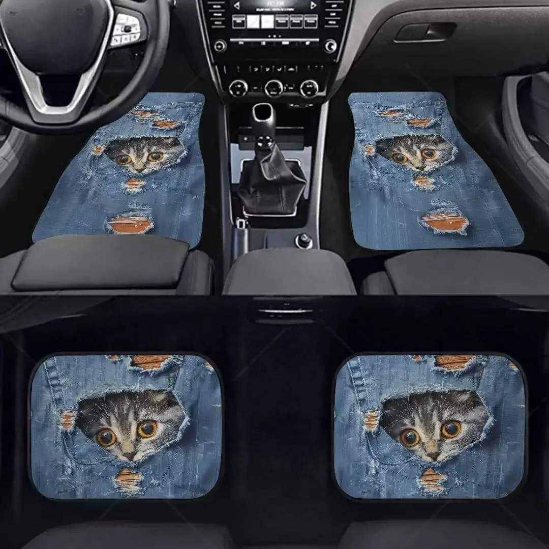 

Alfombrilla Para Suelo Coche Con Patrón Mezclilla Gato, 4 Uds., Alfombra Para Suelo Lantero Y Trasero Coche, Alfombrilla Ant