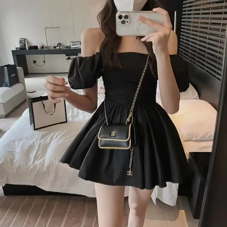 

Black Short Party Dress Women Pure Color Elegant Y2k Mini Dress Kawaii Clothing Fairy Korean Dress Bodycon 2023 Summer Chic