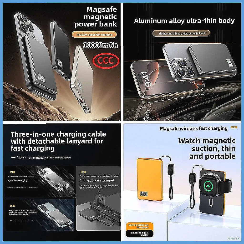 

Magnetic 3-in-1 Power Bank 10000mAh, PD 22.5W Fast Charging with Built-in Cable for Watch/AirPods