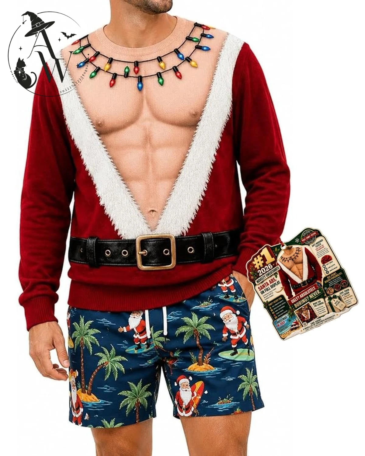 Unisex Funny 3D Fake Muscle Santa Claus Ugly Christmas Crew Neck Sweatshirt Long Sleeve Casual Holiday Pullover for Men & Women