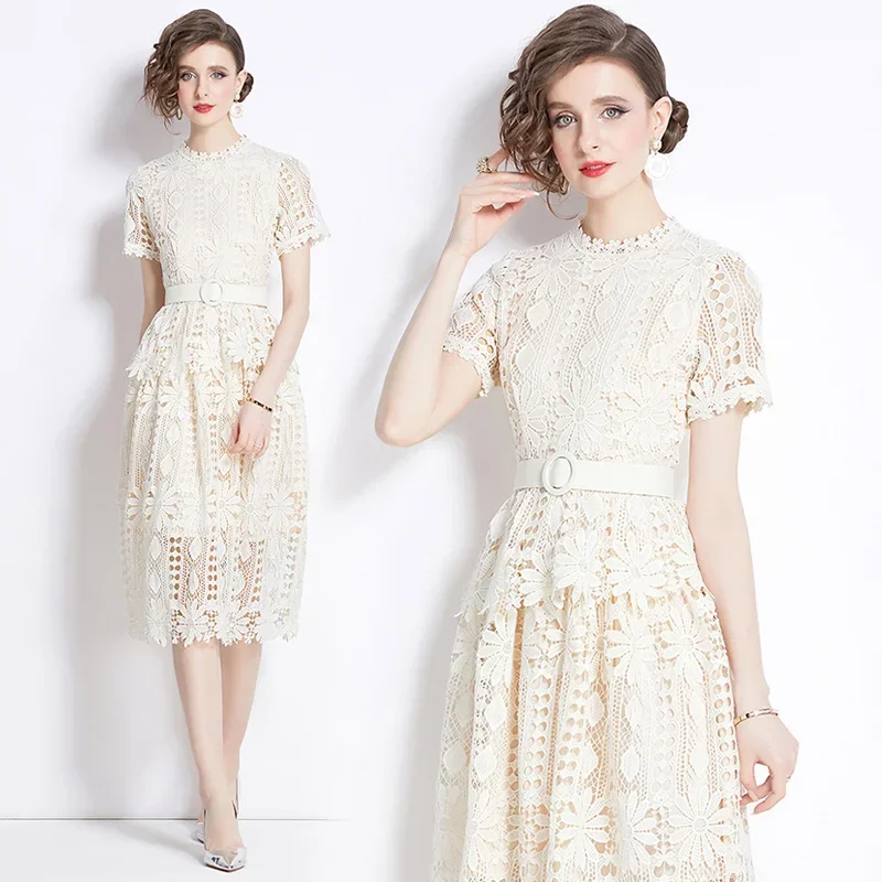 

Designer Summer Evening Dress Women Midi Long Flower Embroidery White Lace Party Dress with Belt