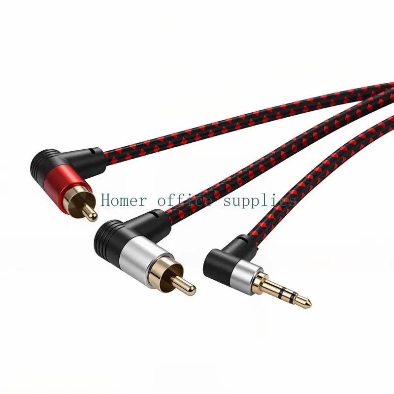 K43B Cable 3.5Mm to 2RCA Cord with Stereo Left Right Split Right Angle Plugs and Braided Flat Coating for Daily Use