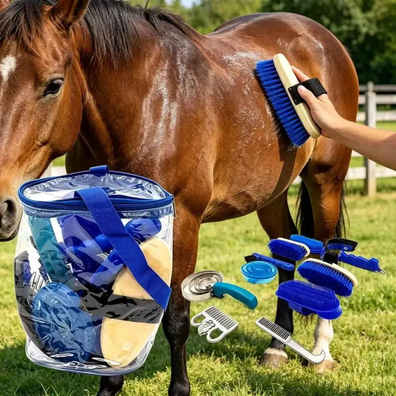 10 Pcs Horse Grooming Kit Complete Horse Brush Set Sweat Scraper Brush Comb Equine Grooming Tools for Shedding & Daily Care