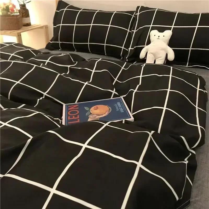 European Check Print Non Fading Bed Sets Simple Washed Cotton Stain Resistant Bedding Set Twin Full Queen King Size Bedclothes