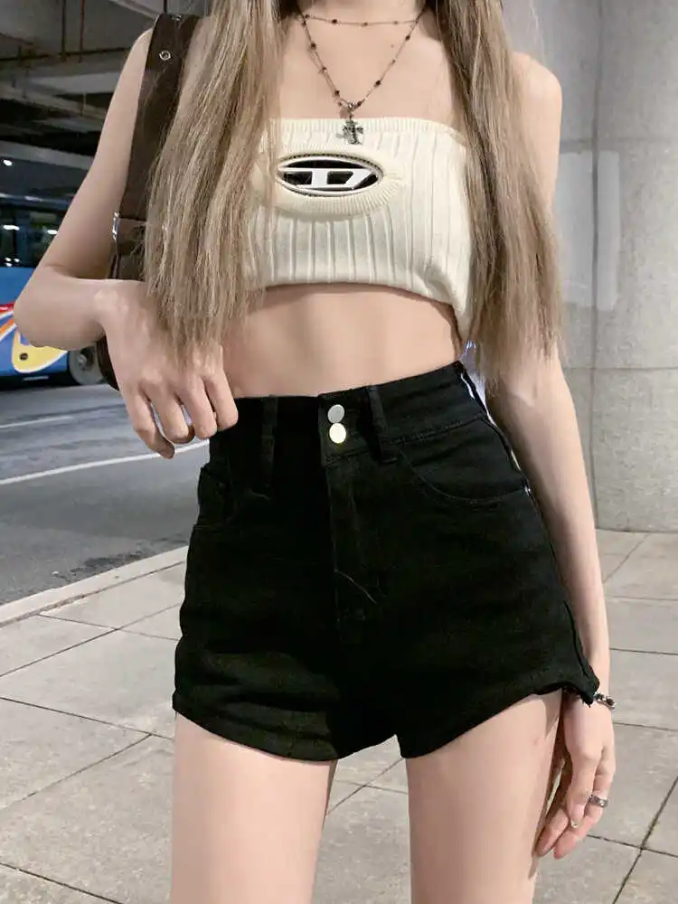 High Waist A-Line Short Jeans Women's Summer New Style Double Buckle Slimming Sexy American Retro Elasticity Hot Pants
