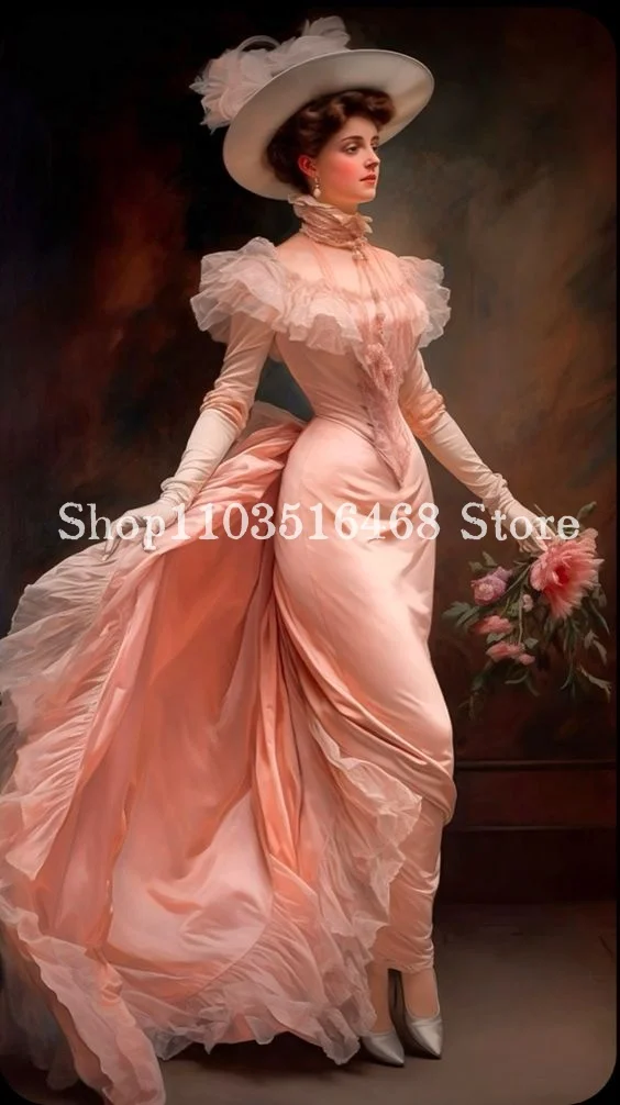 Vintage Victorian Prom Dress Dreamy Peach Pink High Neck Lace Long Sleeve Corset Corset Dress Vestidos Fiesta Noche Largo