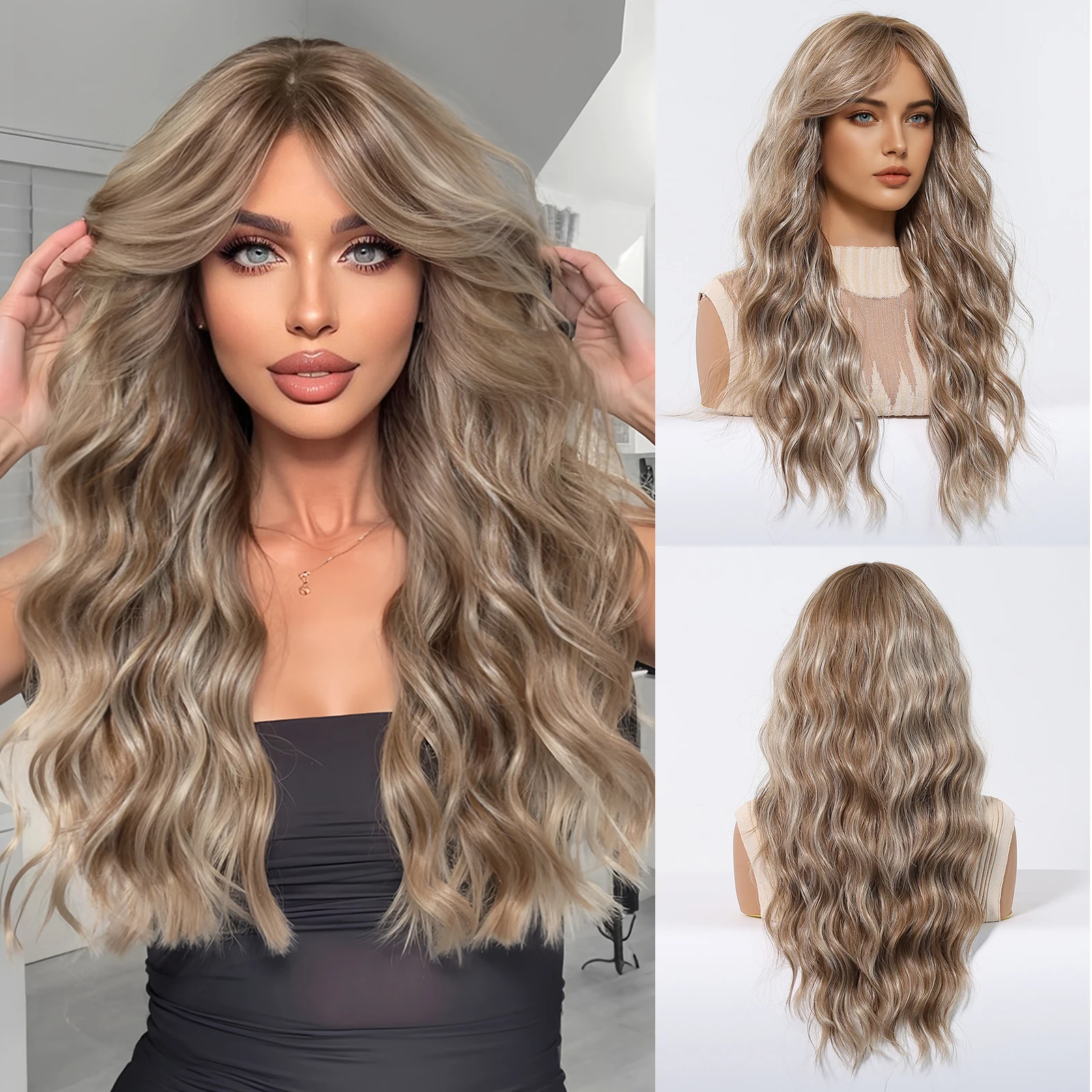 Blonde Brown Highlight Wavy Wigs Long Curly Synthetic Wig with Medium Part Bangs for Afro Women Daily Cosplay Use Heat Resistant