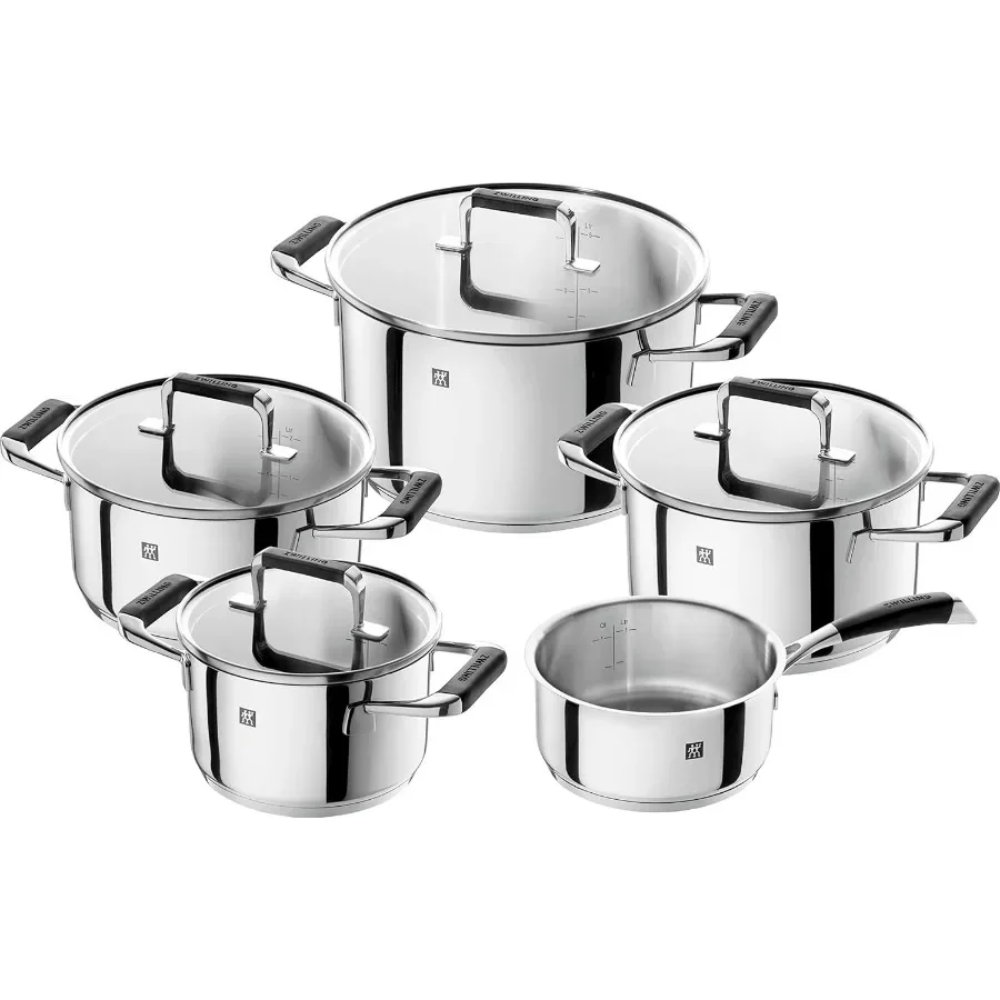 Suitable for Induction Cookers, Stainless Steel, with Glass Lid, with Silicone Handles, Silver,Cornelia Poletto 5-Piece Saucepan Set
