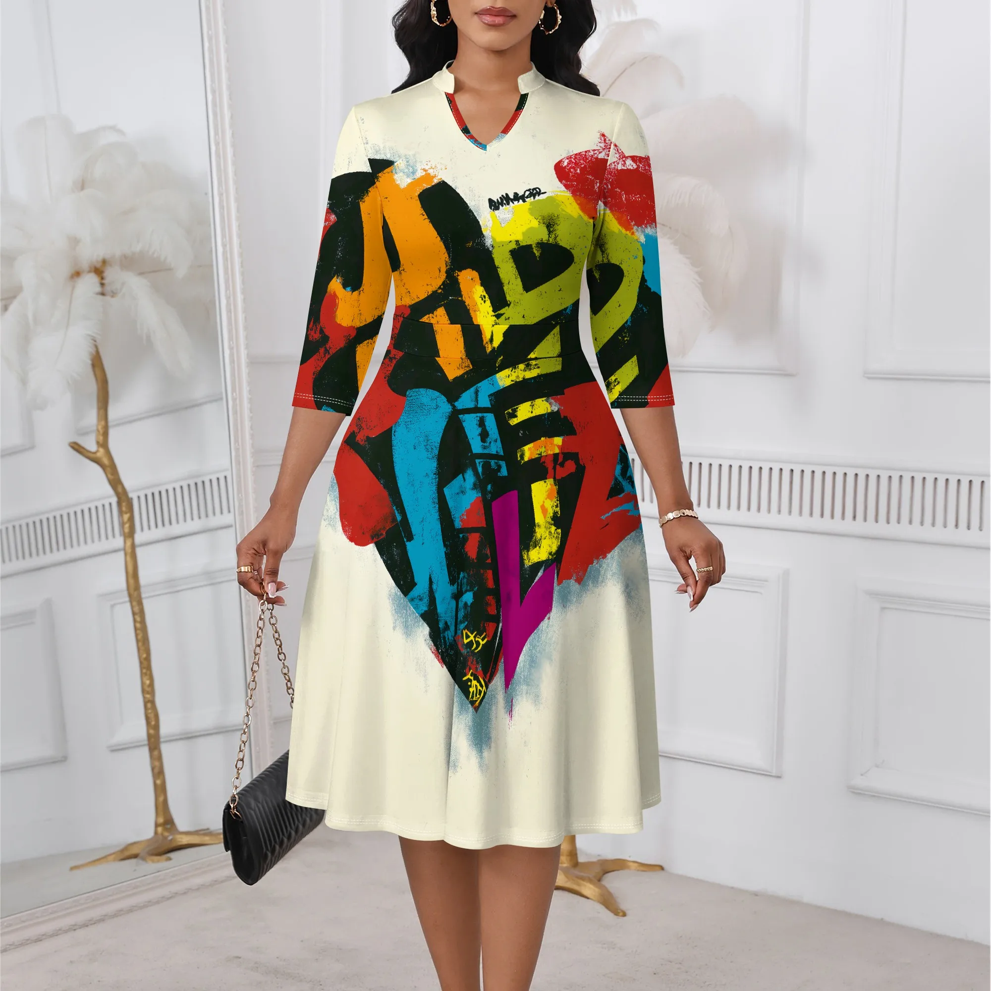 

Colorful Graffiti Print Midi Dress XS-3XL V-Neck 3/4 Sleeve A-Line Style for Afro Streetwear, Art Fair or Urban Festival Look