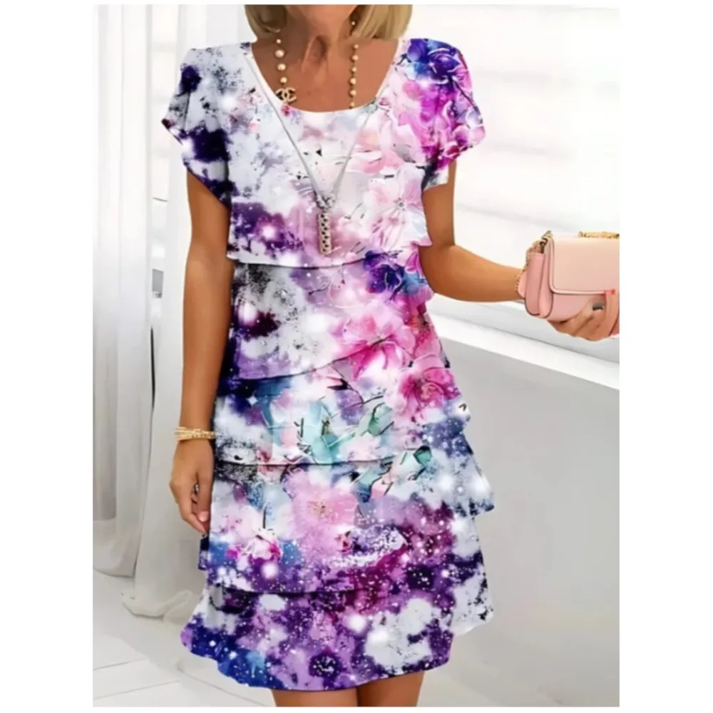 Moda em camadas babados vestido curto para o verão feminino casual impresso de manga curta solto elegante feminino praia férias vestidos