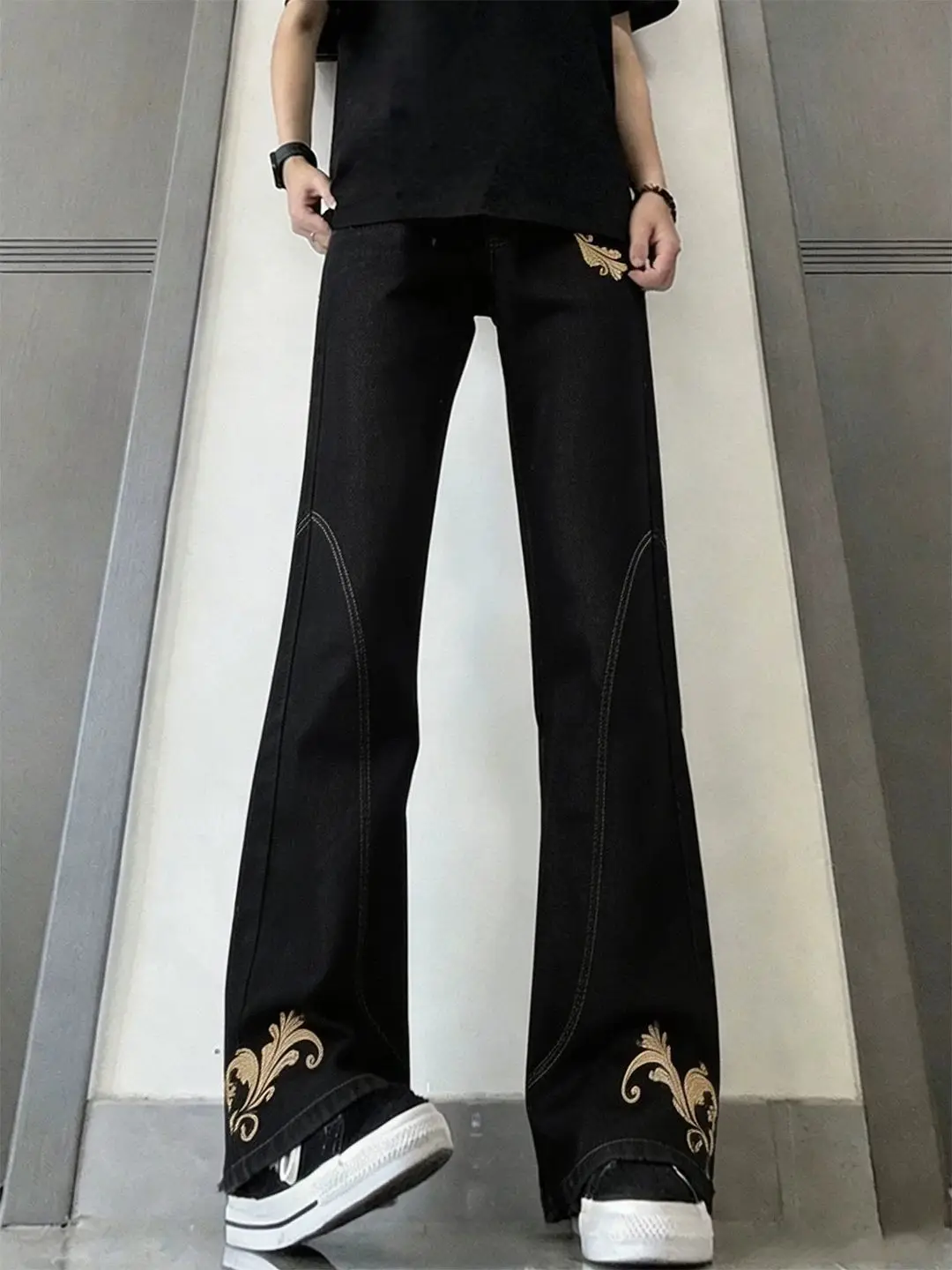 Washed American Deconstructed Embroidered Jeans Men's Summer Vintage Flared Casual Wide Leg Pants for Teenagers