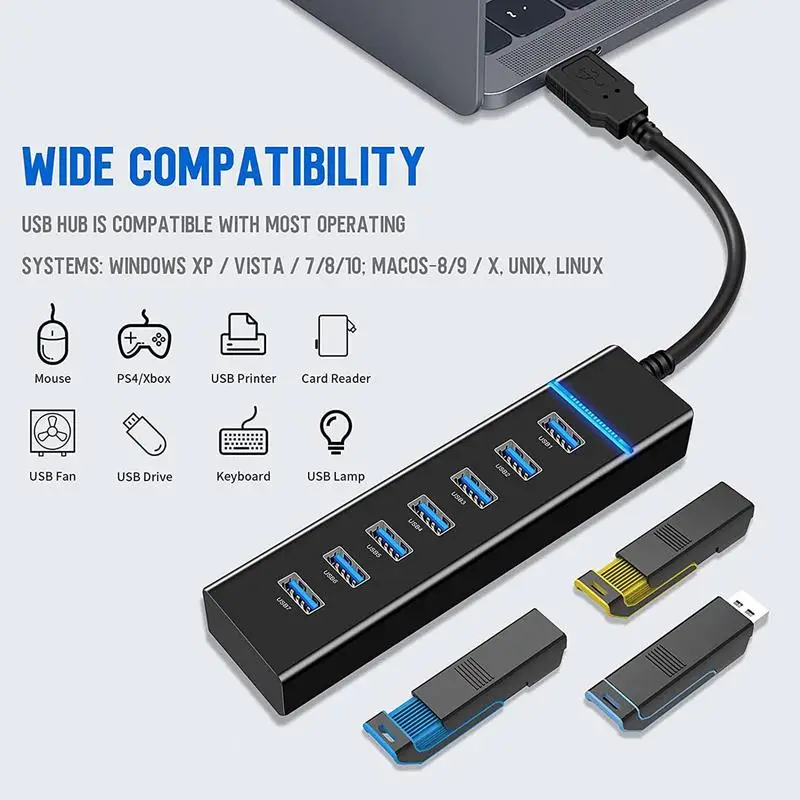 Concentrador de datos USB 3,0, 7 puertos, carga rápida, adaptador de CA, convertidor de expansión para portátil