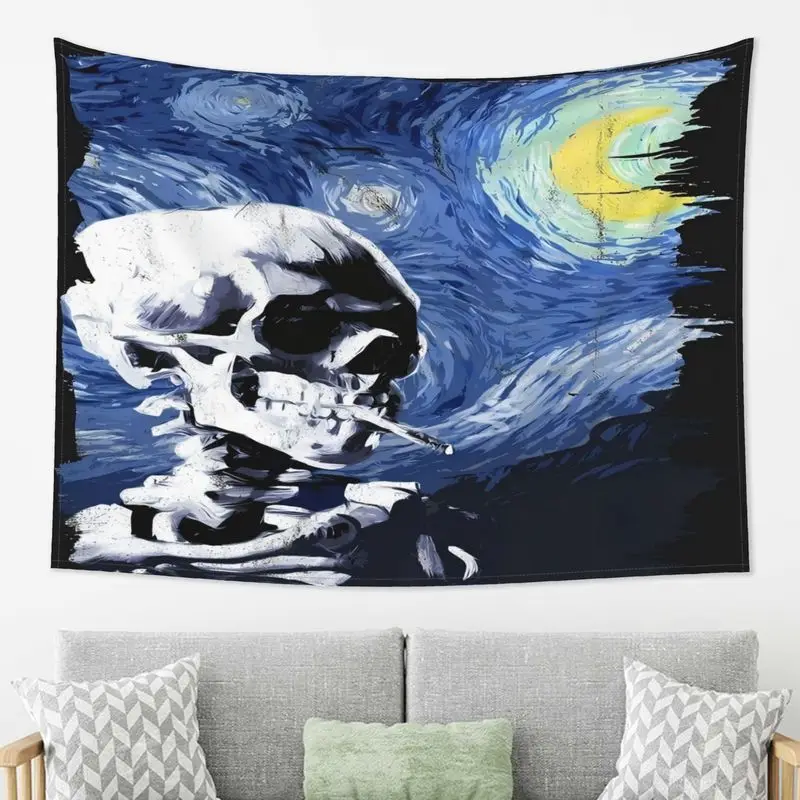 VIKAMA Van Gogh Starry Moon Night Smoking Skull Retro Oil Painting Tapestry Background Boy Dark Room Decoration