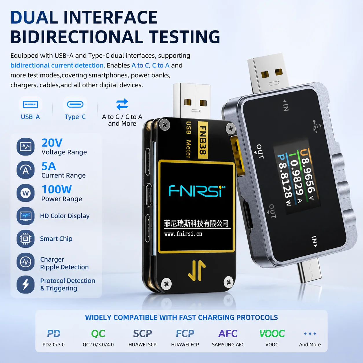 FNIRSI FNB38 2 IN 1 Type-C USB Tester 6.5A Digital Voltmeter Ammeter Fast Charging Protocol Power Bank Charger Capacity Meter