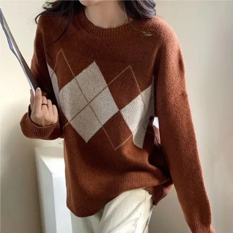 

O-Neck Geometric Tops Women Colorblock Argyle Pattern Sweater Women Spring Autumn Retro Drop Shoulder Knitted Pullovers Mujer