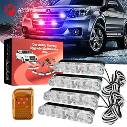 4 In 1 Red Blue Emergency Flash Lights 12V With Wireless Remote Control Strobe Grille Light Assembly for Cars Truck Van SUV