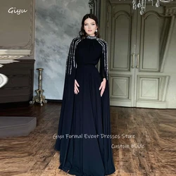 Giyu Sparkly Black Evening Dresses Dubai Arabic Women Beads Long Cape Sleeves Chiffon High Neck Formal Prom Gowns Customized