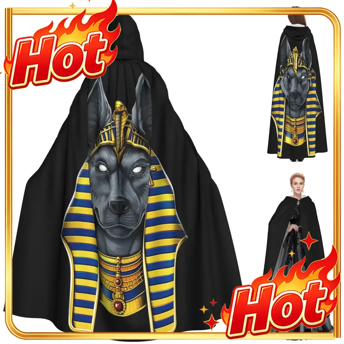 Egyptian God Anubis Long Hooded Cloak Witch Medieval Costume Cosplay Cape HalloweenCoat Adult Unisex