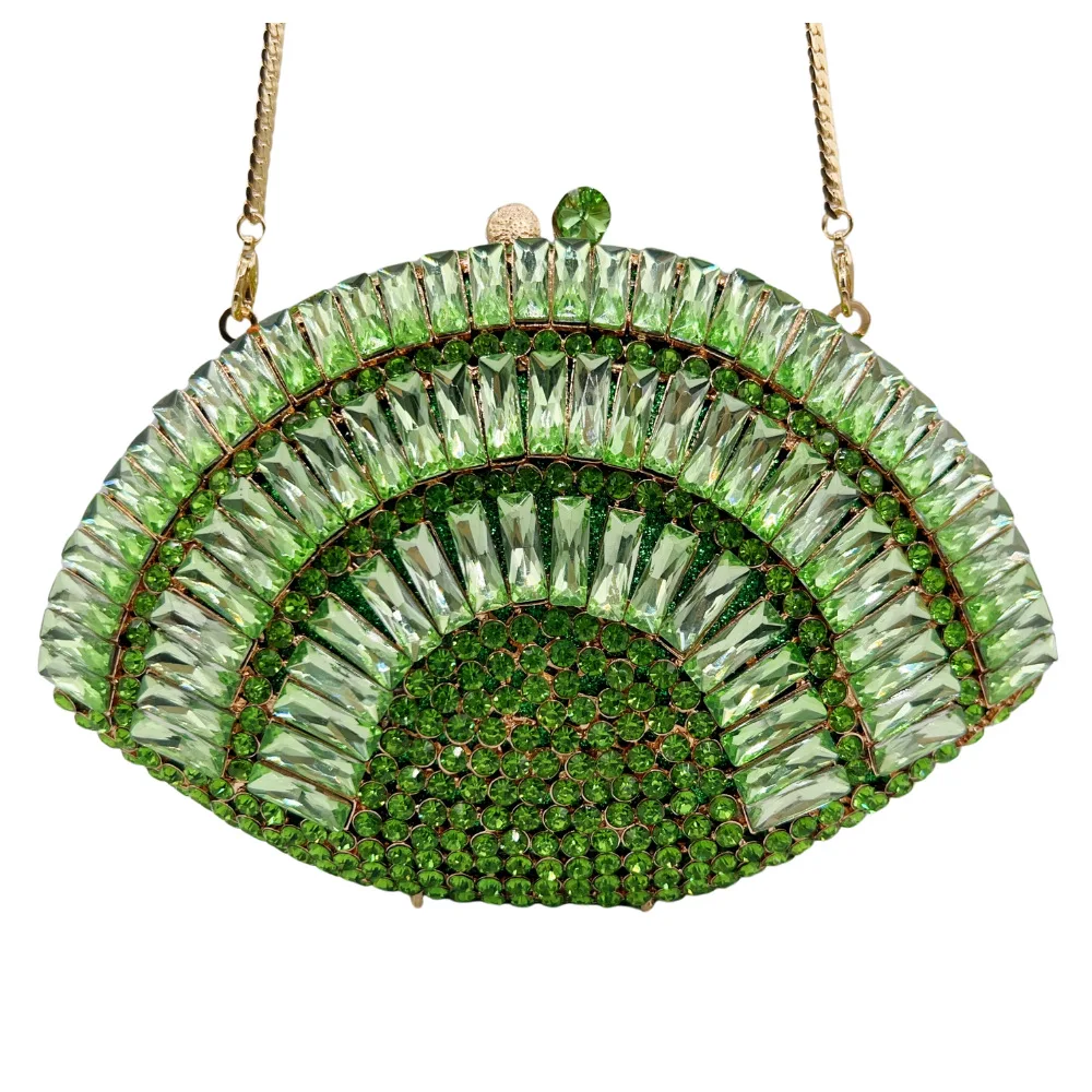 

Green Glass Crystal Evening Clutches Bag WHTUOHENG Fan-Shaped Diamond Women Wedding Dinner Handbags Rhinestone Purse Clutch